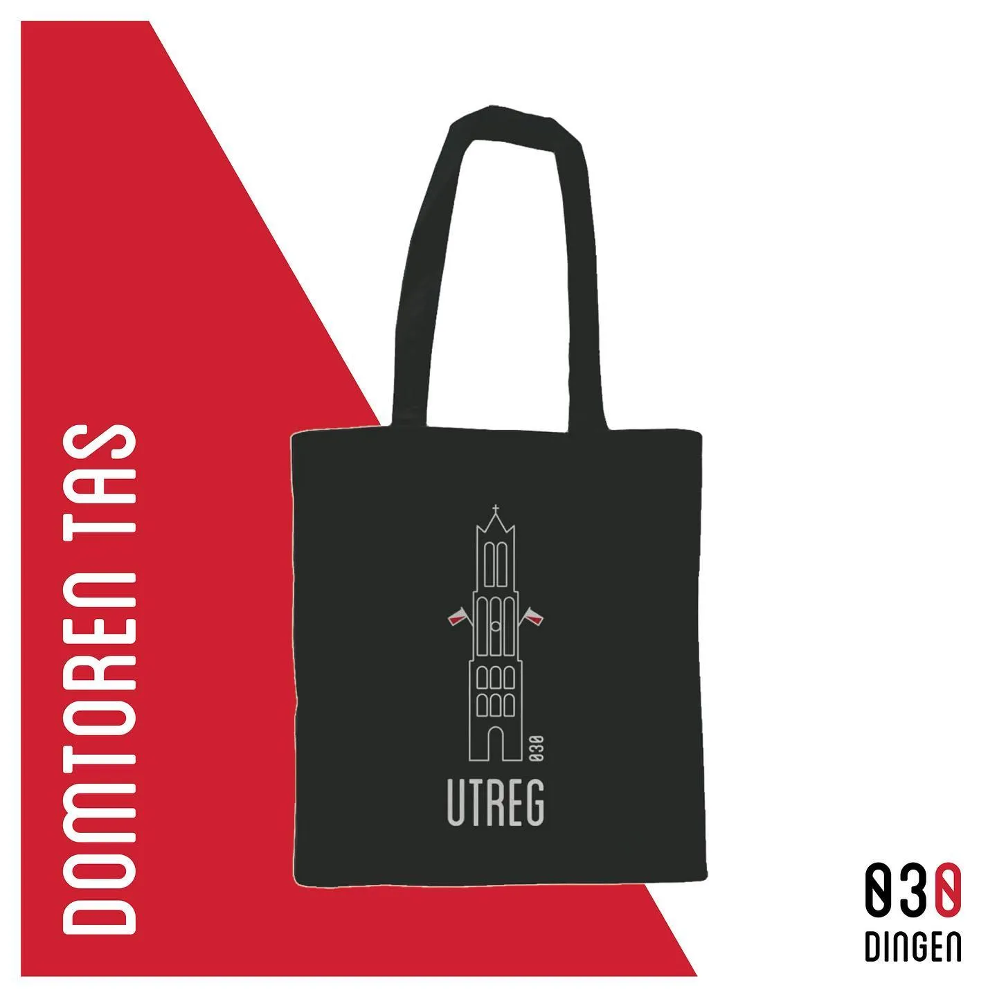 Zwarte Domtoren tote bag met witte print en de tekst UTREG